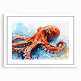 Front view of a framed octopus-themed wall art piece, showcasing intricate marine life design with a white mat, perfect for ocean-inspired decor.