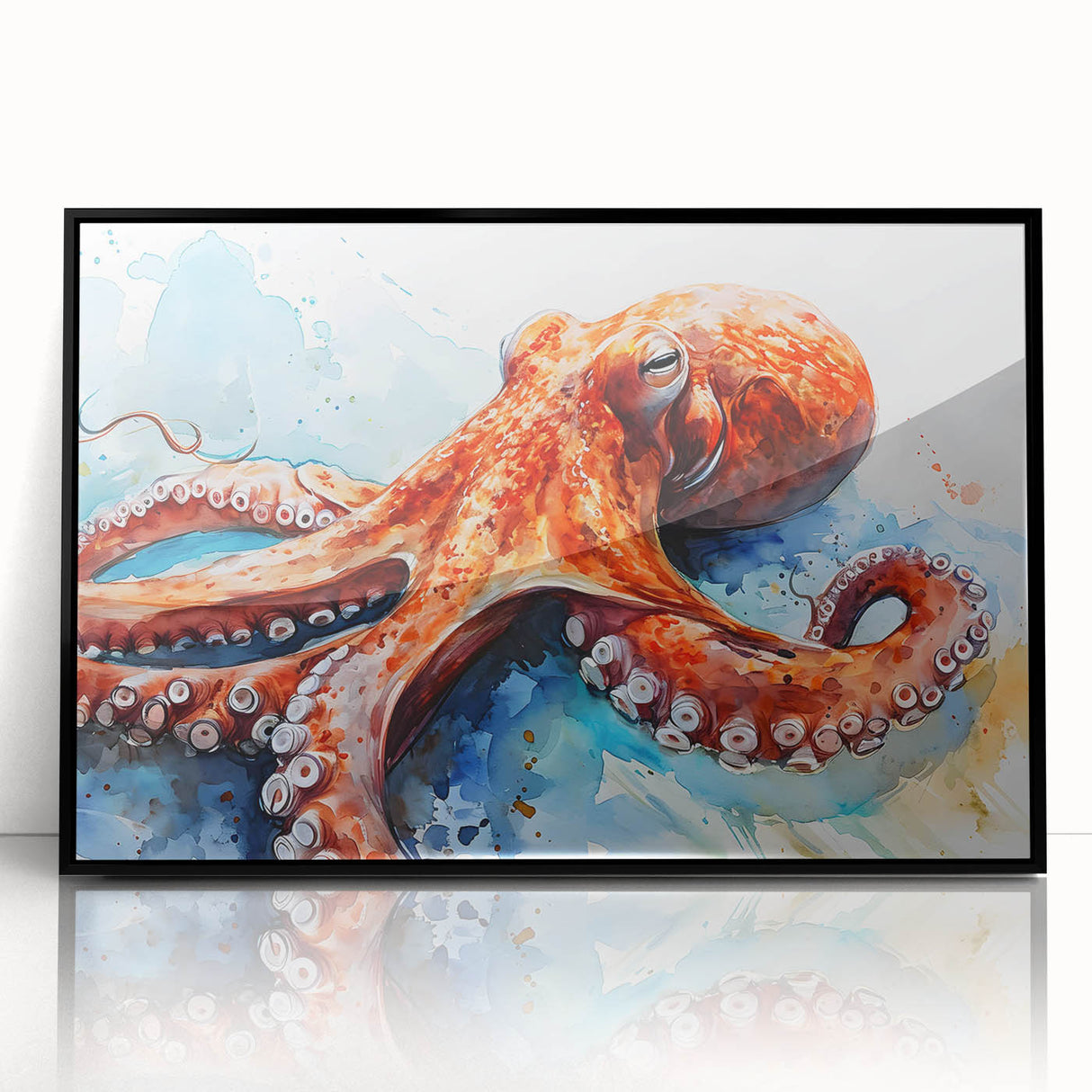 Framed wall art featuring a vibrant octopus design in marine colors, set in a sleek black frame, perfect for ocean-themed decor and enhancing living spaces.