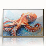 Framed acrylic wall art featuring a vibrant octopus design with gold accents, showcasing intricate marine life details, perfect for enhancing ocean-themed decor.