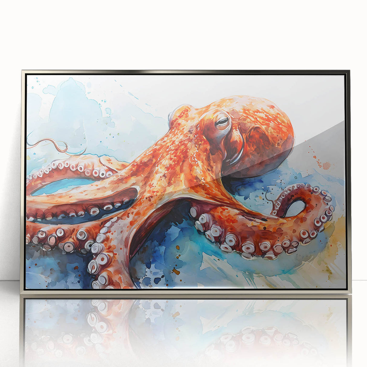 Framed acrylic wall art showcasing a vibrant octopus design in a silver frame, ideal for marine life enthusiasts, enhancing home decor with ocean-inspired elegance.