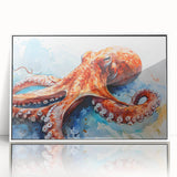 Framed acrylic wall art featuring a vibrant octopus design in a marine life theme, showcased in a sleek white frame, perfect for ocean-inspired decor.
