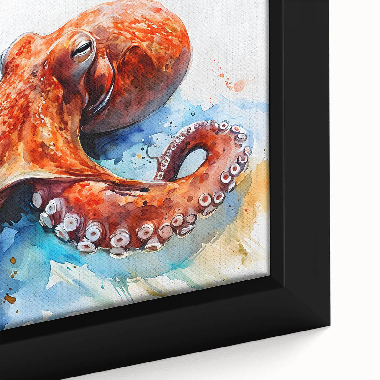 Close-up of a framed canvas wall art depicting a vibrant octopus design, showcasing intricate details and rich colors, perfect for marine life enthusiasts.