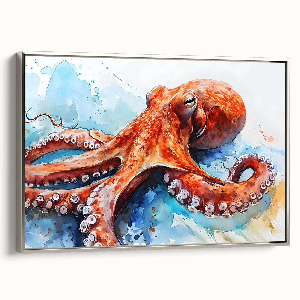 Framed wall art showcasing a vibrant octopus design in marine life theme, featuring intricate details and a silver frame, perfect for ocean-inspired decor.