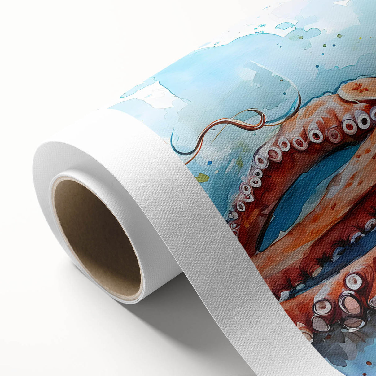 Vibrant rolled canvas wall art featuring a detailed octopus design, showcasing intricate marine life illustrations in rich colors, perfect for ocean-themed decor.