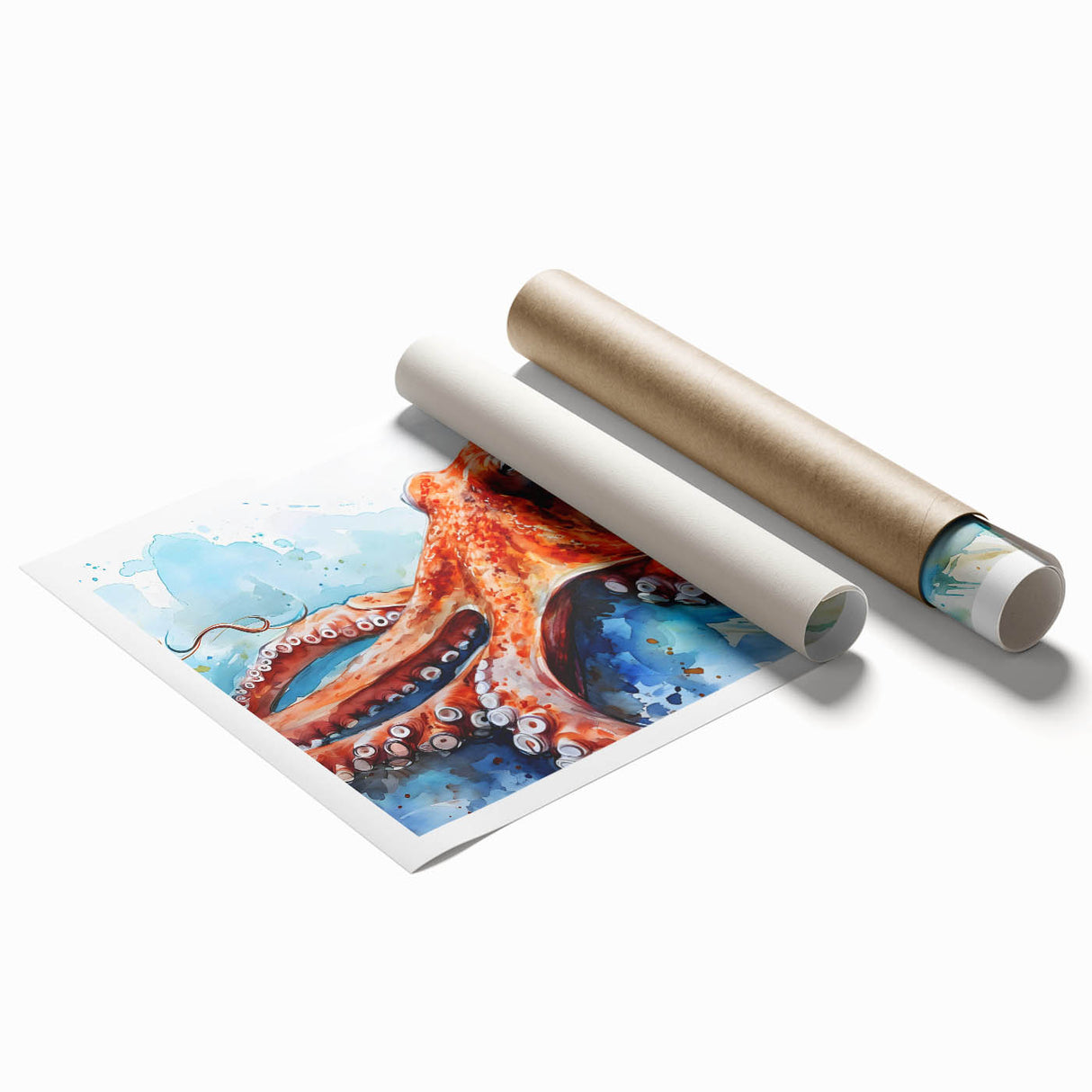 Vibrant octopus wall art design on rolled print showcasing intricate marine life details, perfect for ocean-themed decor and art enthusiasts.