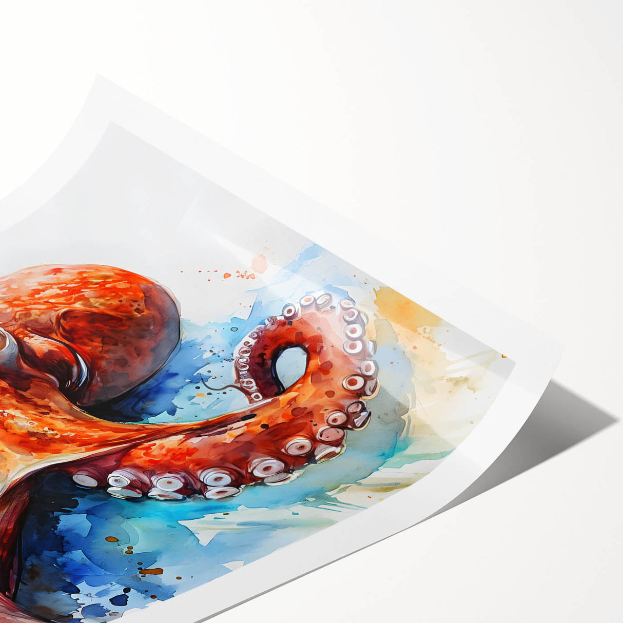 Vibrant rolled print of an octopus design showcasing intricate marine life details in shades of blue and orange, ideal for ocean-themed decor and art lovers.
