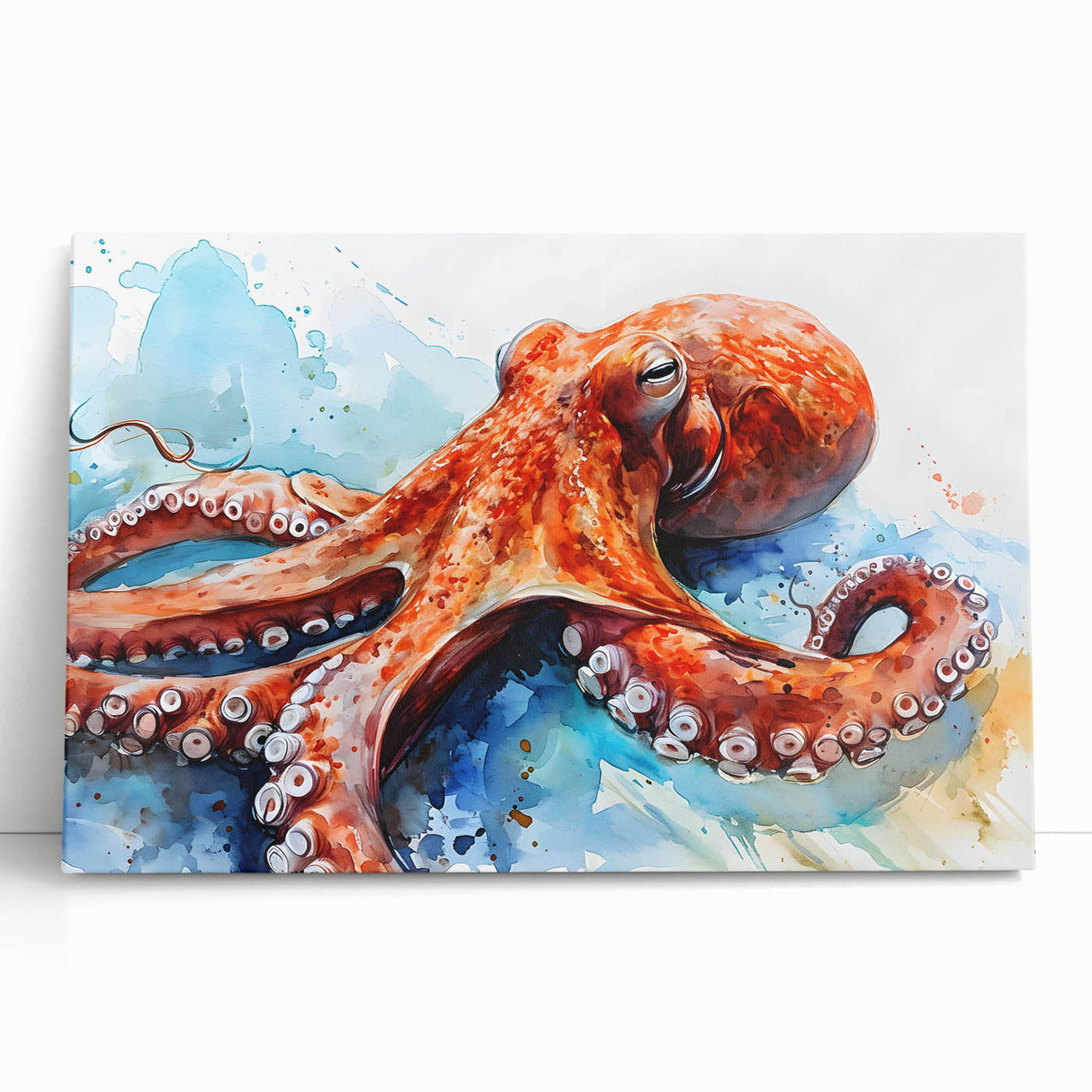 Vibrant octopus wall art design on stretched canvas showcasing intricate marine life details, perfect for ocean-themed decor and enhancing interior spaces.