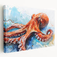 Stretched canvas wall art featuring a vibrant octopus design in shades of blue and orange, showcasing intricate details and textures, ideal for marine life enthusiasts.