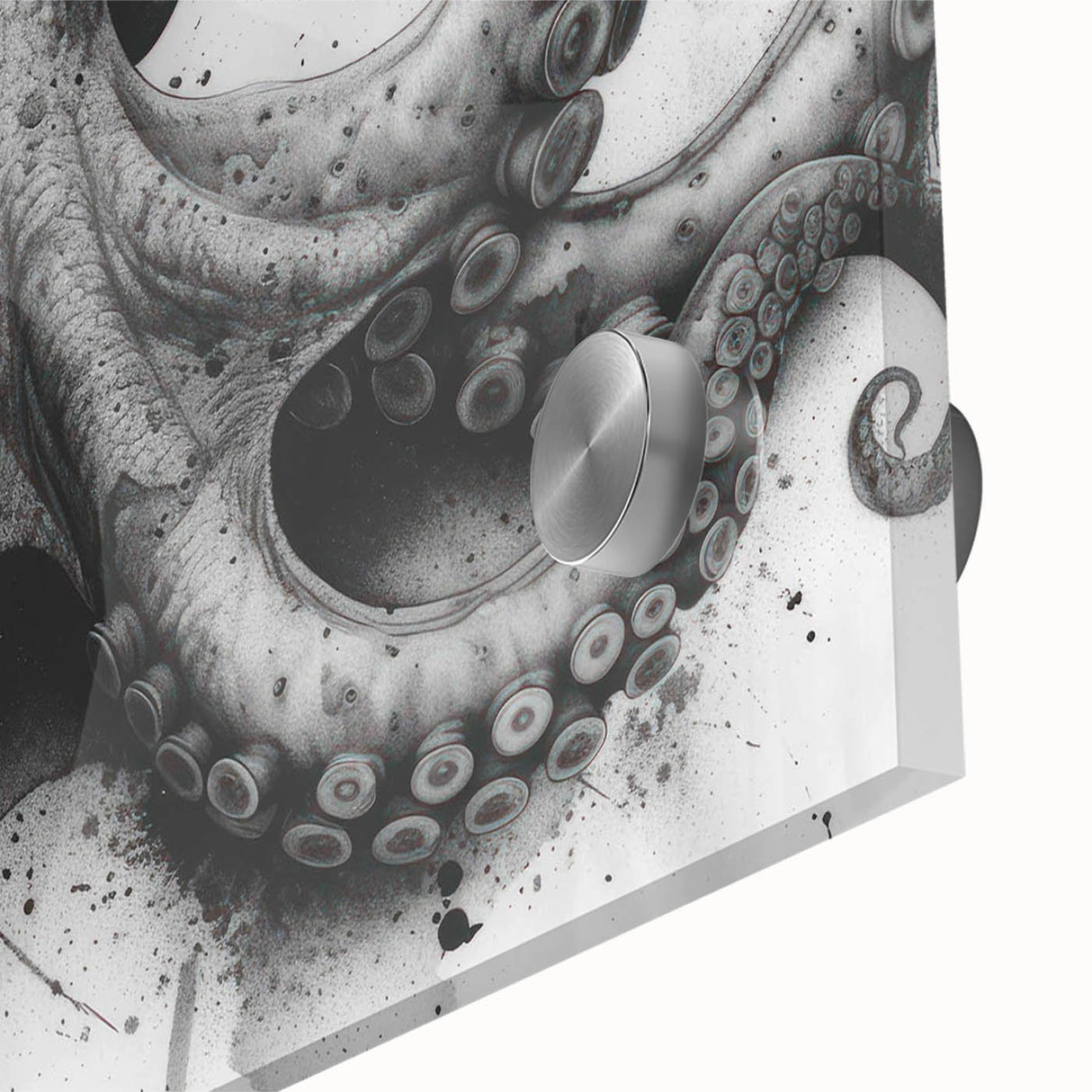 Close-up of a vibrant octopus wall art design printed on acrylic glass, showcasing intricate details and colorful marine life, perfect for ocean-themed decor.