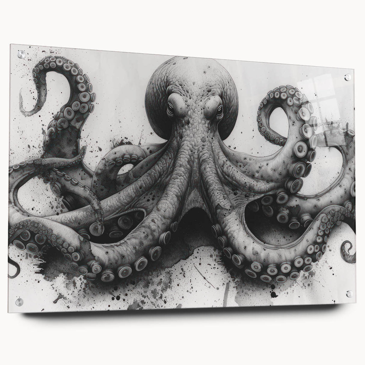 Side view of a striking octopus design wall art collection made from acrylic glass, showcasing vibrant colors and intricate details, perfect for marine life enthusiasts.