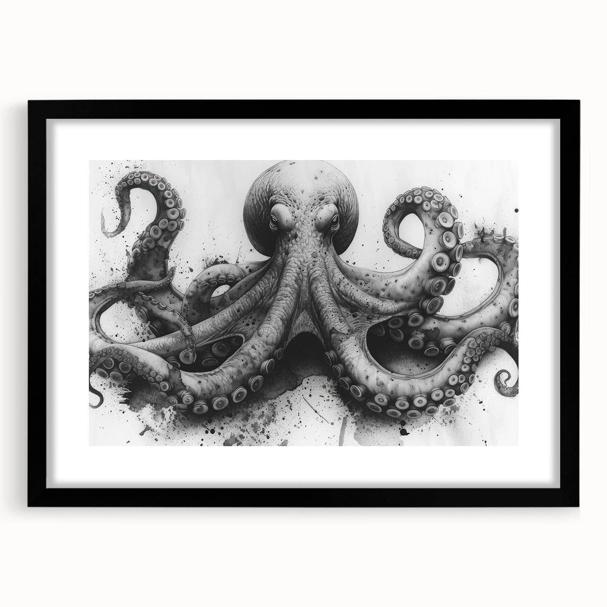Black-framed wall art featuring a vibrant octopus design, showcasing intricate marine life details and colorful patterns, perfect for ocean-themed decor.