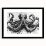 Black-framed wall art featuring a vibrant octopus design, showcasing intricate marine life details and colorful patterns, perfect for ocean-themed decor.