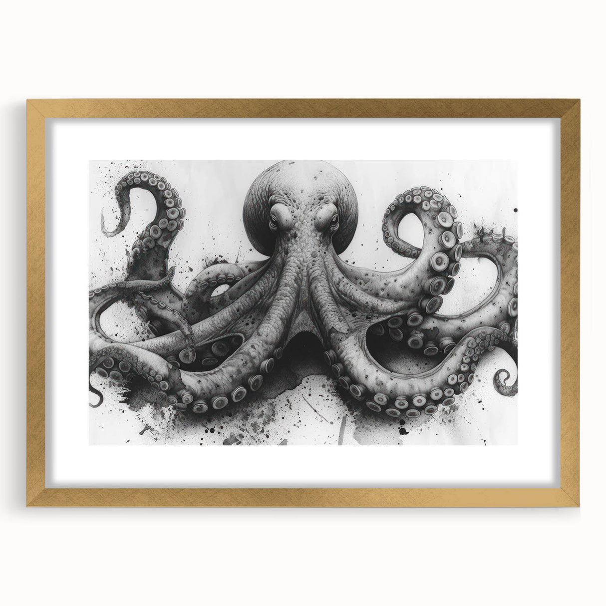 Framed wall art featuring a vibrant octopus design in a marine life theme, set against a gold mat, perfect for ocean-inspired decor. Ideal for enhancing coastal interiors.
