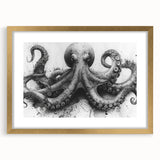 Framed wall art featuring a vibrant octopus design in a marine life theme, set against a gold mat, perfect for ocean-inspired decor. Ideal for enhancing coastal interiors.