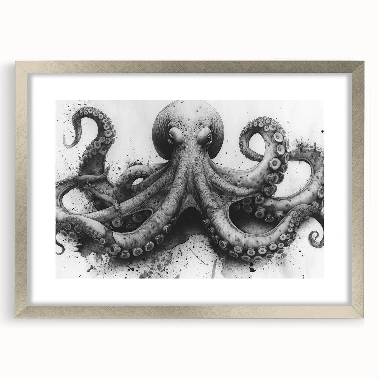 Framed wall art collection featuring a vibrant octopus design with intricate details, in a sleek silver frame and white mat, perfect for marine life enthusiasts.