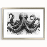 Framed wall art collection featuring a vibrant octopus design with intricate details, in a sleek silver frame and white mat, perfect for marine life enthusiasts.