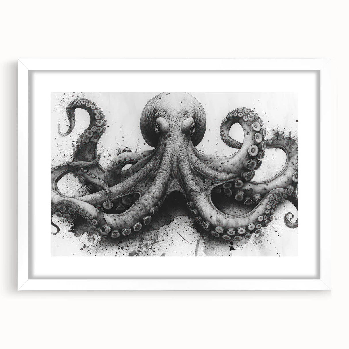 Wall art collection featuring an intricate octopus design, framed in white with a mat, showcasing vibrant marine life colors, perfect for ocean-themed decor.
