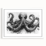 Wall art collection featuring an intricate octopus design, framed in white with a mat, showcasing vibrant marine life colors, perfect for ocean-themed decor.