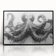 Framed wall art featuring a vibrant octopus design in a marine life theme, showcasing intricate details and bold colors, set against a sleek black frame.