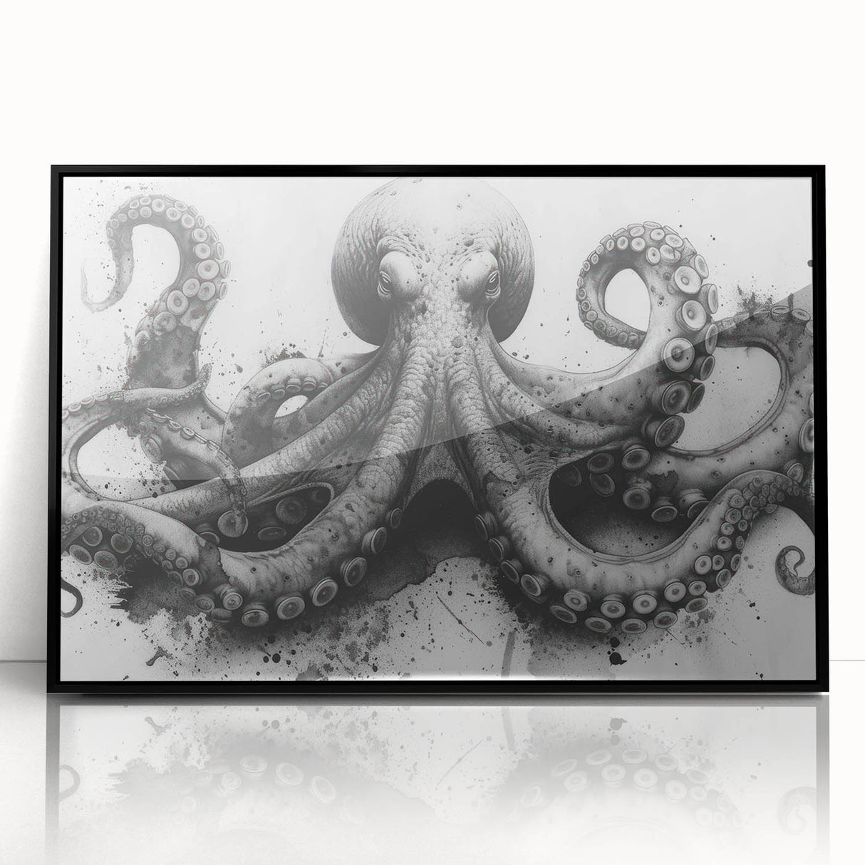 Framed wall art featuring a vibrant octopus design in a marine life theme, showcasing intricate details and bold colors, set against a sleek black frame.