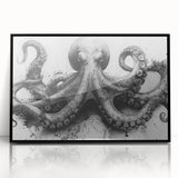 Framed wall art featuring a vibrant octopus design in a marine life theme, showcasing intricate details and bold colors, set against a sleek black frame.