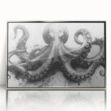 Framed wall art featuring a detailed octopus design in vibrant colors, set in a sleek silver frame, perfect for marine life enthusiasts and modern decor.