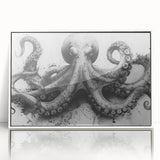 Framed wall art featuring a vibrant octopus design in marine life theme, showcased in a sleek white frame, ideal for ocean-inspired decor and art lovers.