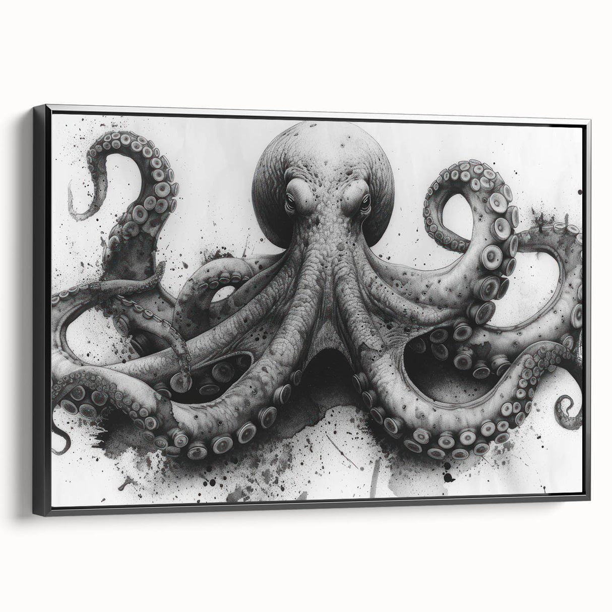Framed canvas wall art showcasing a vibrant octopus design with intricate details and bold colors, set against a black background for enhanced contrast.