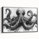 Framed canvas wall art showcasing a vibrant octopus design with intricate details and bold colors, set against a black background for enhanced contrast.
