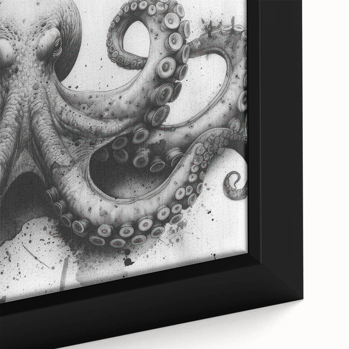 Close-up view of a framed canvas wall art featuring an intricate octopus design, showcasing vibrant colors and detailed marine life elements, perfect for ocean-themed decor.