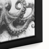 Close-up view of a framed canvas wall art featuring an intricate octopus design, showcasing vibrant colors and detailed marine life elements, perfect for ocean-themed decor.