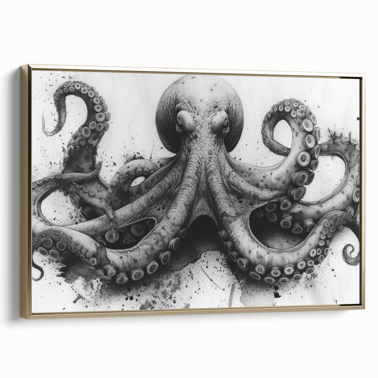 Framed canvas wall art showcasing a vibrant octopus design with gold accents, ideal for marine life enthusiasts. The artwork adds a touch of elegance to any space.