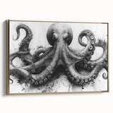 Framed canvas wall art showcasing a vibrant octopus design with gold accents, ideal for marine life enthusiasts. The artwork adds a touch of elegance to any space.