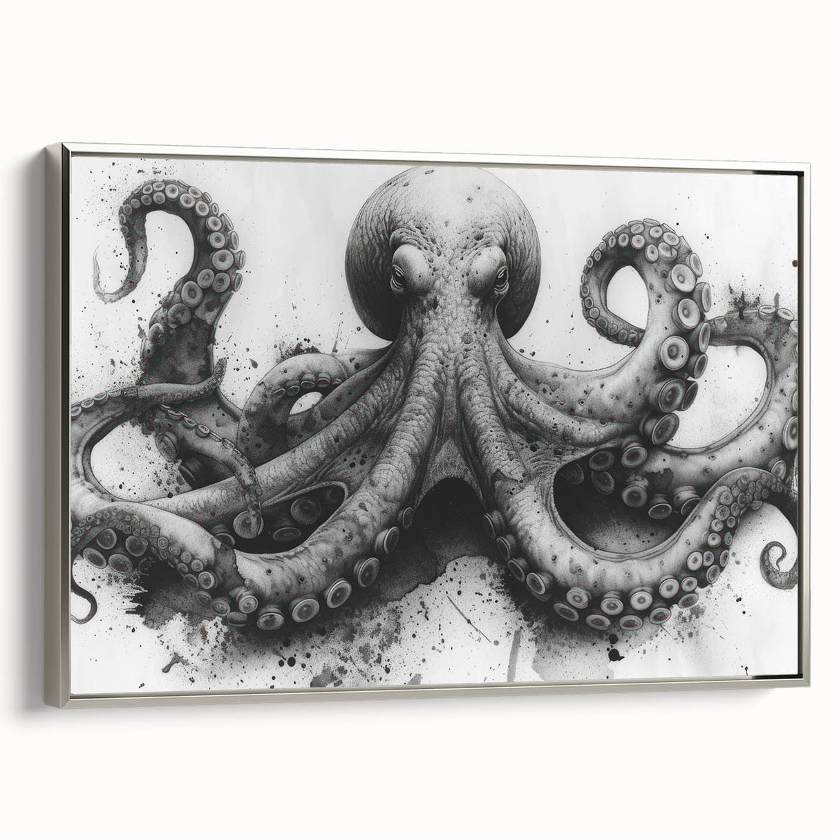 Framed canvas wall art showcasing a vibrant octopus design, featuring intricate details and a silver frame, perfect for marine life enthusiasts' decor.