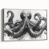 Framed canvas wall art showcasing a vibrant octopus design, featuring intricate details and a silver frame, perfect for marine life enthusiasts' decor.