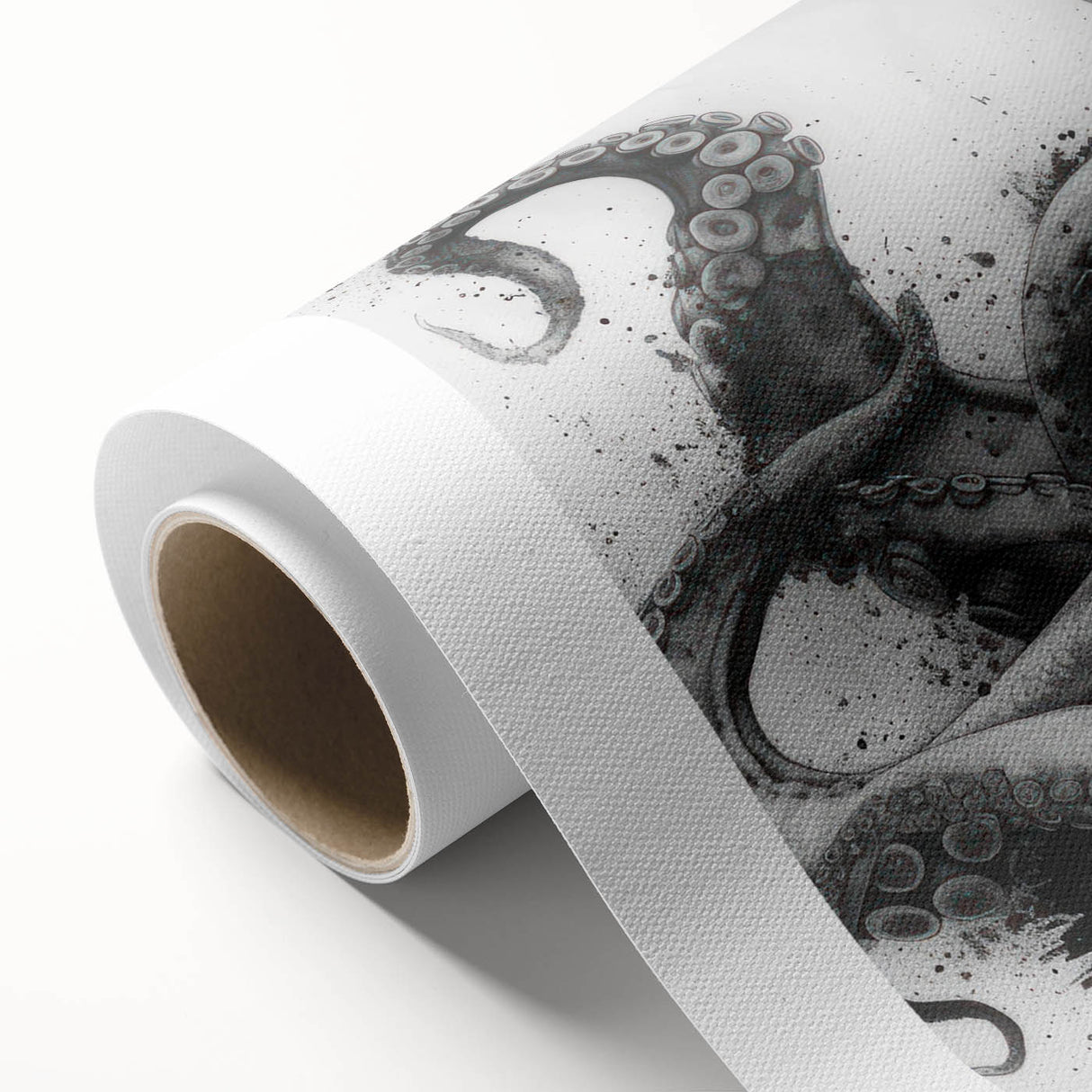 Vibrant rolled canvas artwork showcasing an intricate octopus design, featuring marine life details in blue and green hues, perfect for ocean-themed decor.