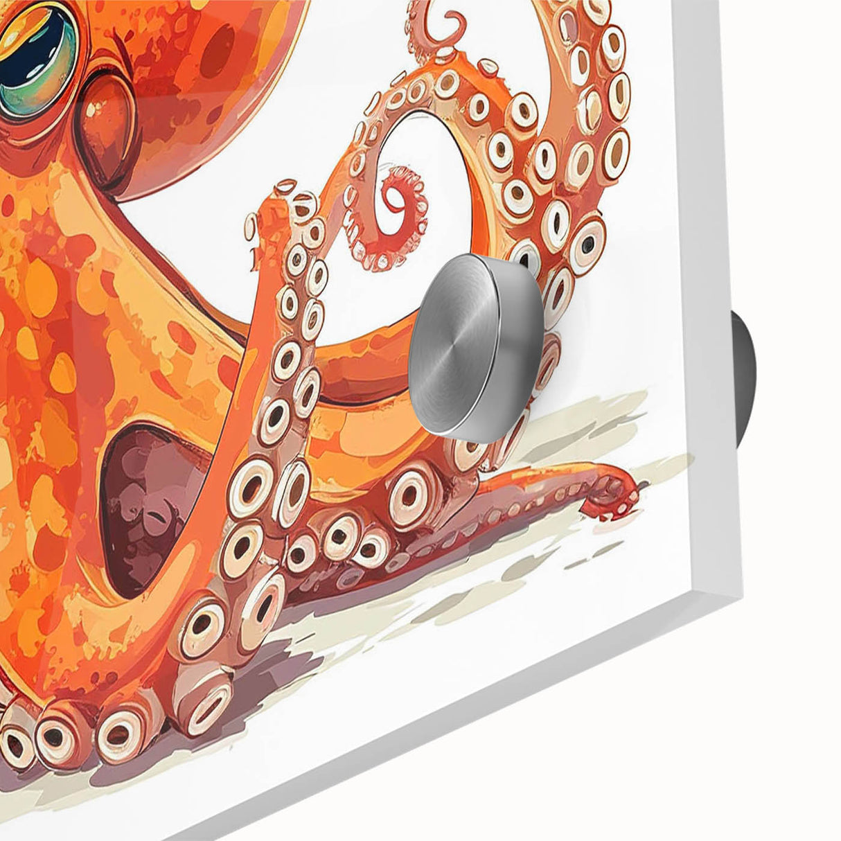 Close-up view of an octopus-themed acrylic wall art piece showcasing vibrant marine life colors, perfect for ocean-inspired home decor. Ideal for art collectors and ocean enthusiasts.