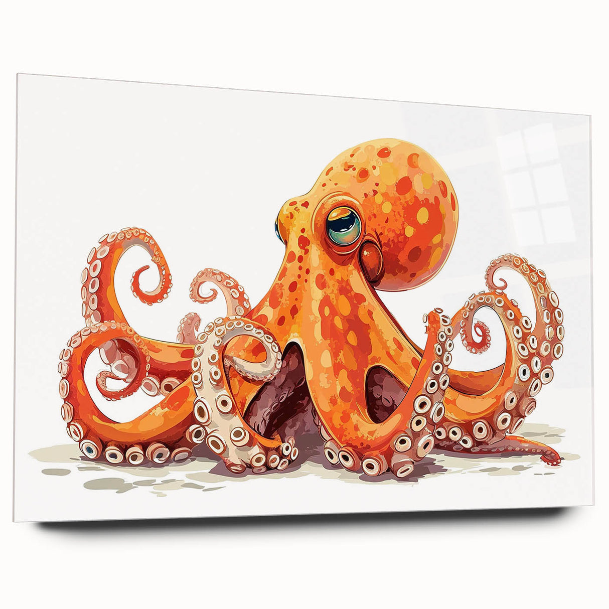 Vibrant acrylic wall art showcasing a detailed octopus design, emphasizing marine life in rich colors, displayed from a side view without pins. Perfect for ocean-themed decor.