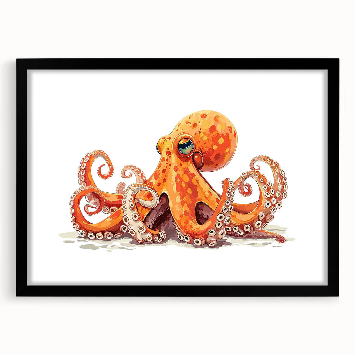 Octopus-themed wall art in a black frame with a mat, showcasing vibrant marine life design. Ideal for ocean lovers and home decor enthusiasts.