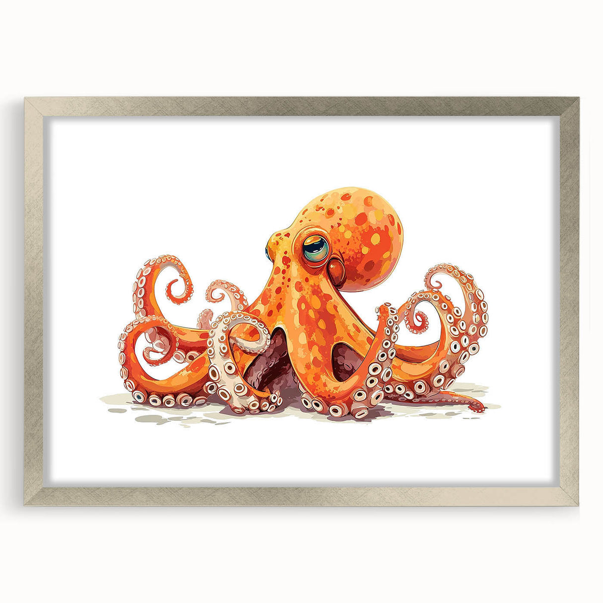 Framed octopus wall art design showcasing vibrant marine life colors with a sleek silver frame and mat, perfect for ocean-themed decor.