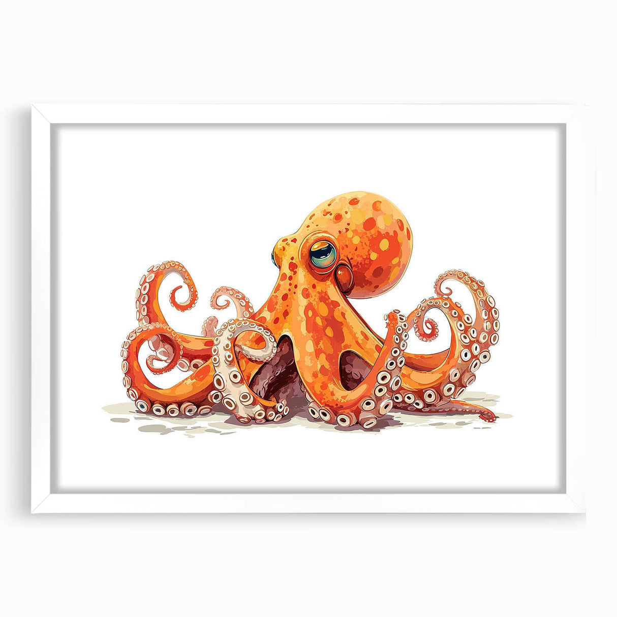 Framed wall art featuring a vibrant octopus design, showcasing intricate marine life details and a white mat, perfect for ocean-themed decor.