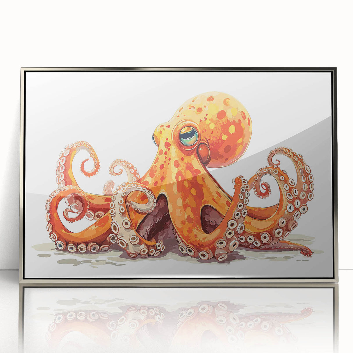 Framed wall art featuring a detailed octopus design on a silver-acrylic background, showcasing vibrant colors and intricate marine life details. Perfect for ocean-themed decor.