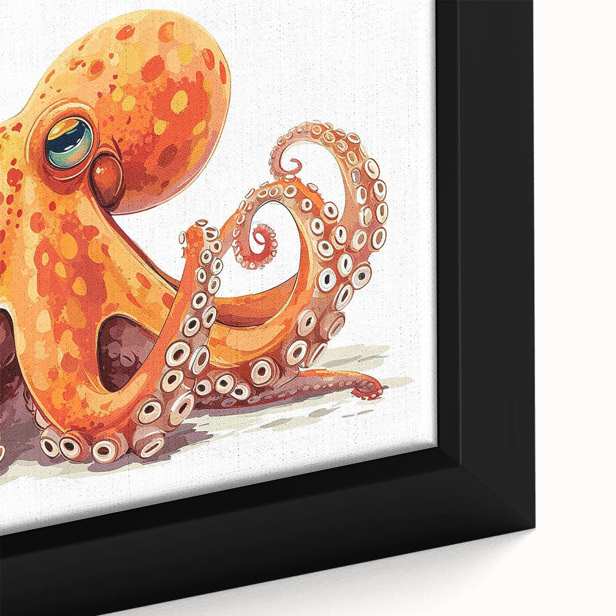 Close-up of a framed canvas wall art featuring a vibrant octopus design in rich blues and greens, showcasing intricate marine life details and textures. Ideal for ocean-themed decor.