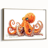 Framed canvas wall art showcasing a vibrant octopus design in a gold frame, perfect for marine-life enthusiasts, adding a touch of elegance to any room decor.