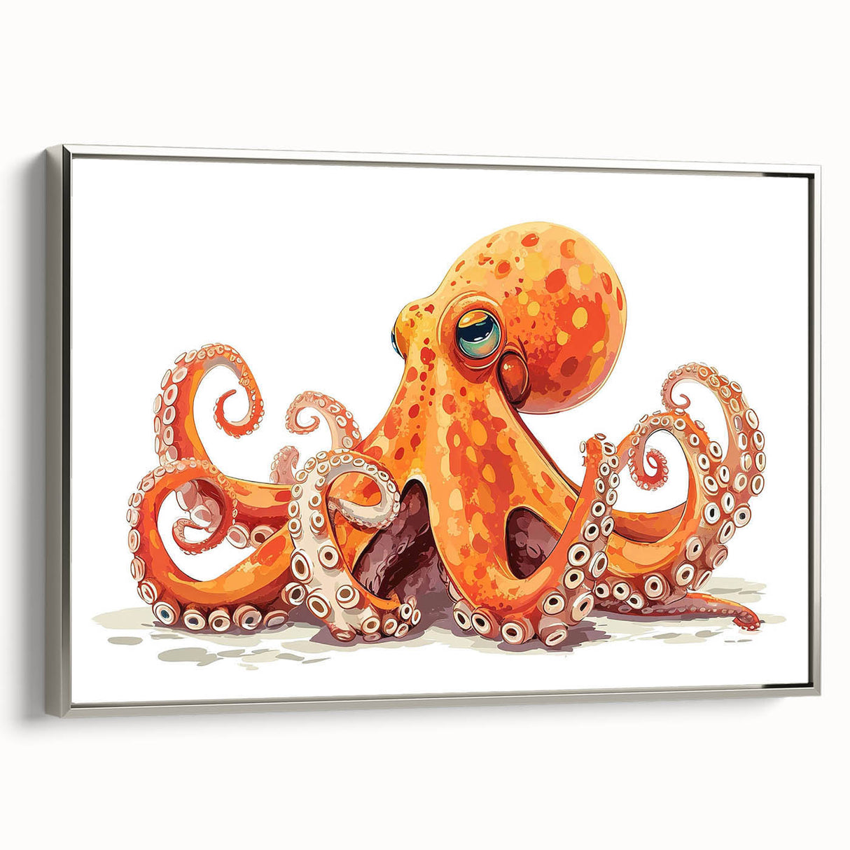 Framed canvas wall art showcasing a vibrant octopus design in shades of blue and purple, featuring a sleek silver frame, perfect for marine-themed decor.