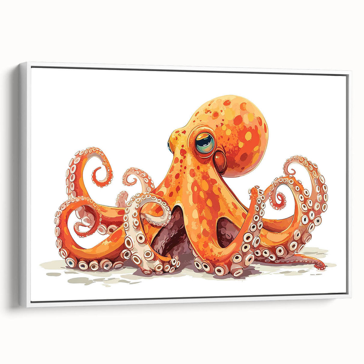 Framed canvas wall art showcasing a vibrant octopus design with intricate detailing, set against a white background, perfect for marine life enthusiasts and modern decor.