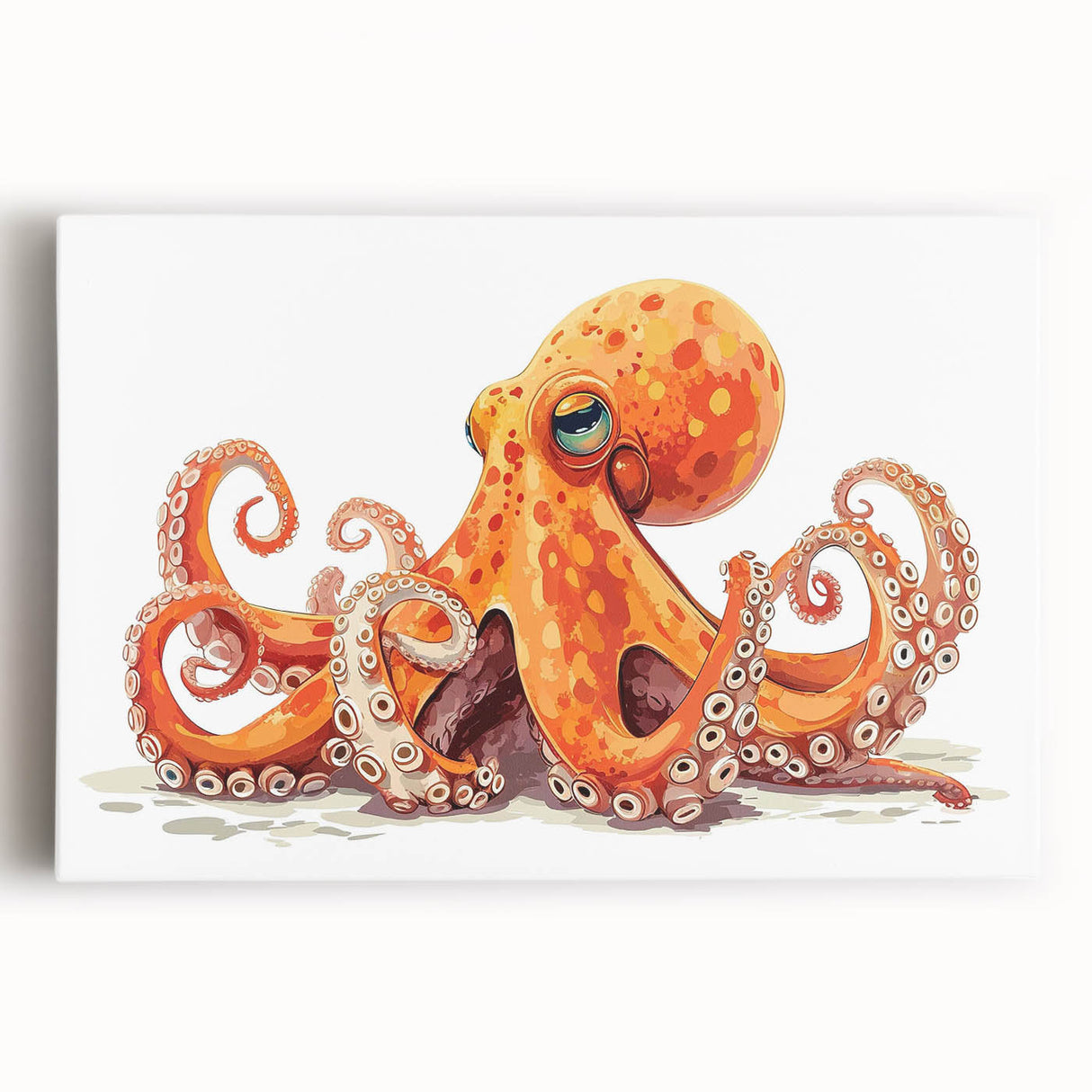 Colorful octopus wall art design on stretched canvas, showcasing intricate marine life details with vibrant hues, perfect for ocean-themed decor.