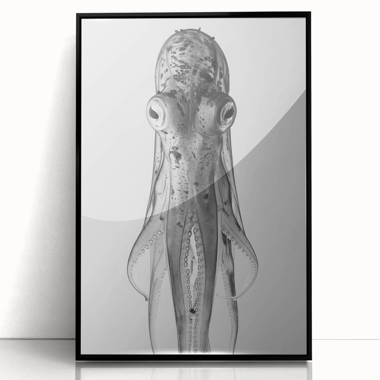Framed acrylic wall art showcasing a vibrant octopus design, featuring intricate marine life details, set in a sleek black frame, perfect for ocean-themed decor.
