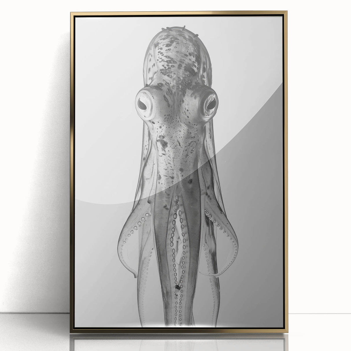 Framed wall art featuring a stunning octopus design in vibrant colors, set against a gold acrylic background, ideal for marine-themed decor. Perfect for ocean lovers.