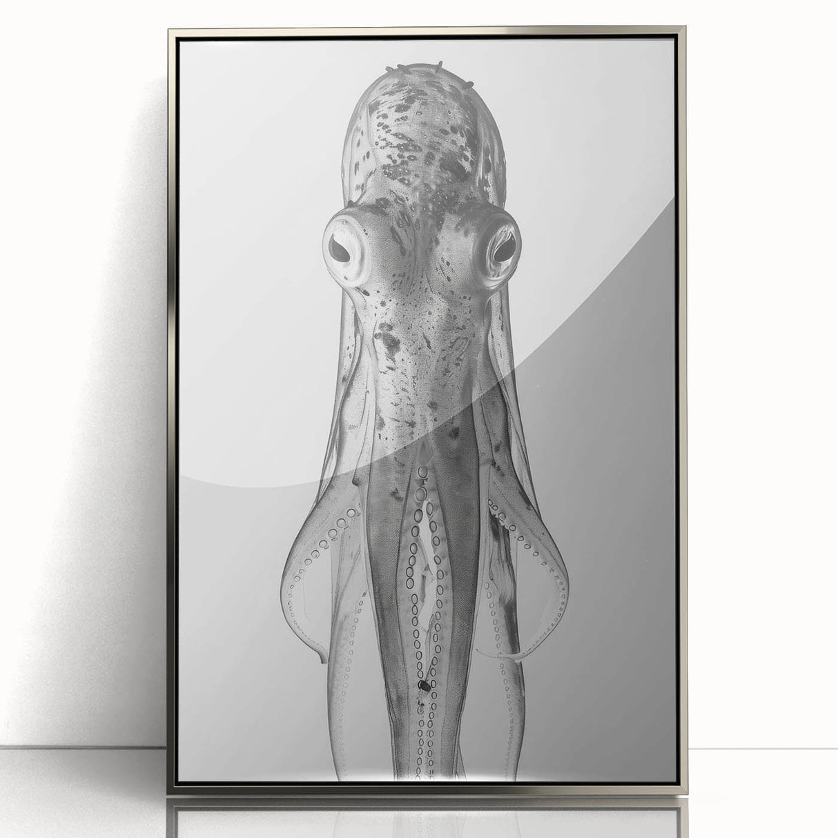 Framed acrylic wall art showcasing a vibrant octopus design, featuring intricate marine life details and a sleek silver frame, ideal for ocean-themed decor.
